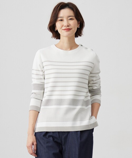 ニット セーター 「洗える」Cotton Acetate パネルボーダー プルオーバー ニット レディース