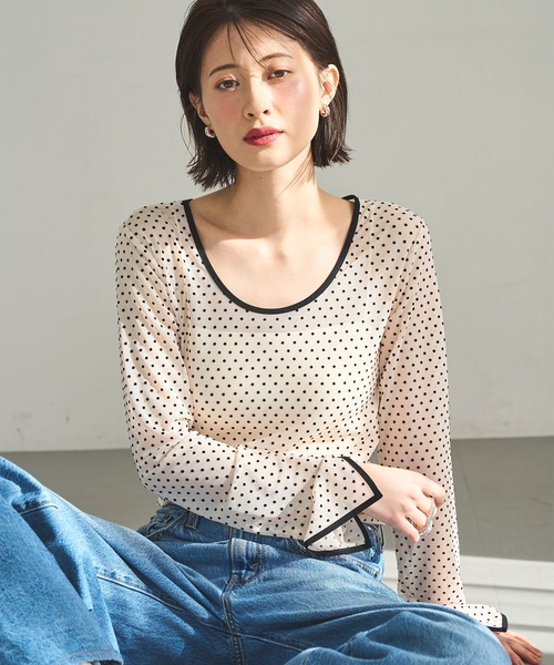 meilmada tシャツ 2wayフロッキードットシアートップス