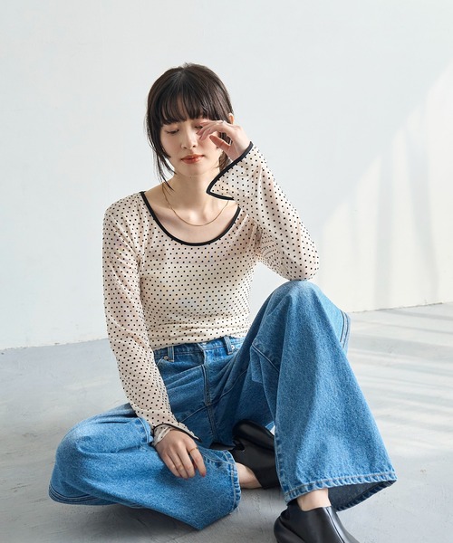 meilmada tシャツ 2wayフロッキードットシアートップス レディース