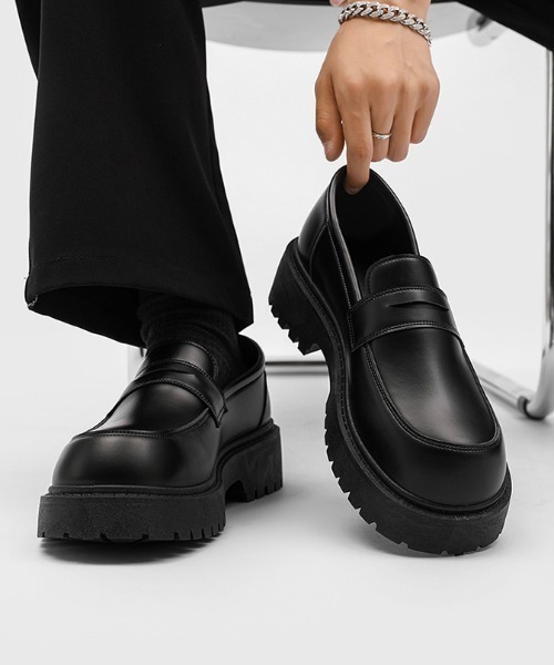 黒の光沢ローファー厚底ソール link lot ローファー 厚底ボリュームソールローファー トラックソール