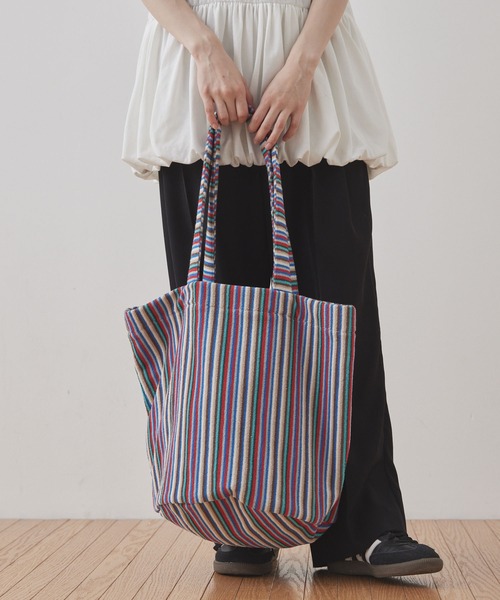大 『新作』ブラックストライプトートバッグ Unblend トートバッグ 「Unblend」パイル ストライプ ビッグ