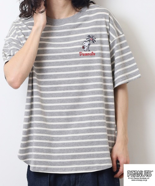 PEANUTS tシャツ スヌーピー柄ボーダー天竺半袖Tシャツ メンズ