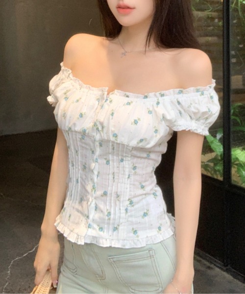 ブラウス シャツ フリルヘム花柄2WAYショルダートップス レディース