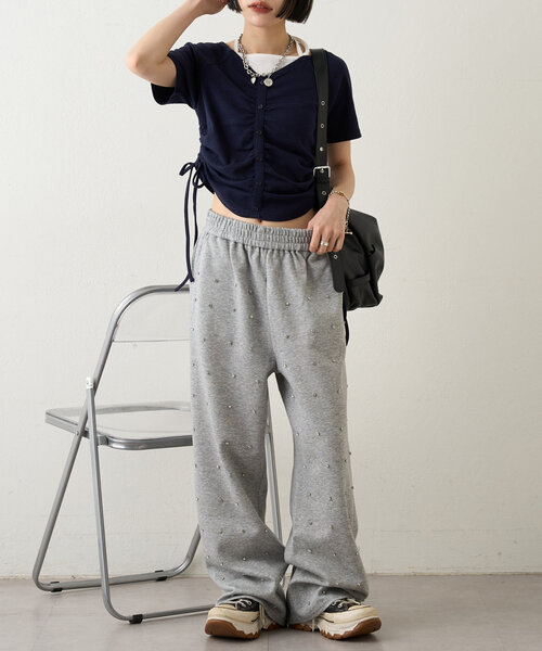 paset スウェットパンツストーン装飾　ビジュー stone-deco sweat pants｜PELLICULE | ぺリキュール