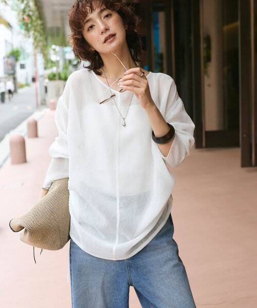 RIVE DROITE ホワイト 長袖 Tシャツ size FREE RIVE DROITE ブラウス シャツ 「前後2way」リネンタッチドロスト