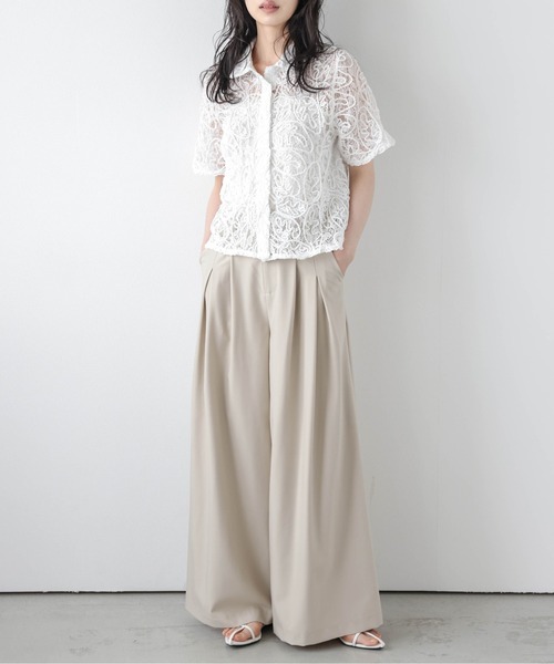 INSCRIRE 24SS レース刺繍 シアーシャツ 36 白 定価14.1万 La-gemme（ラジェム） ブラウス シャツ 夏 半袖 コード刺繍シアー