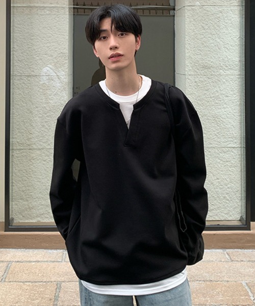 r*e様 MIESROHE 新品同様　長袖レイヤーTシャツ ブラック/ホワイト NOWLE（ノウル） tシャツ 「NOWLE」フェイクレイヤード キーネック
