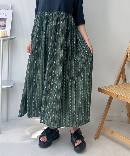 「AS KNOW AS plus」 7分袖ワンピース FREE グリーン レディース_画像5