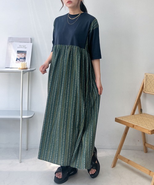 「AS KNOW AS plus」 7分袖ワンピース FREE グリーン レディース_画像6