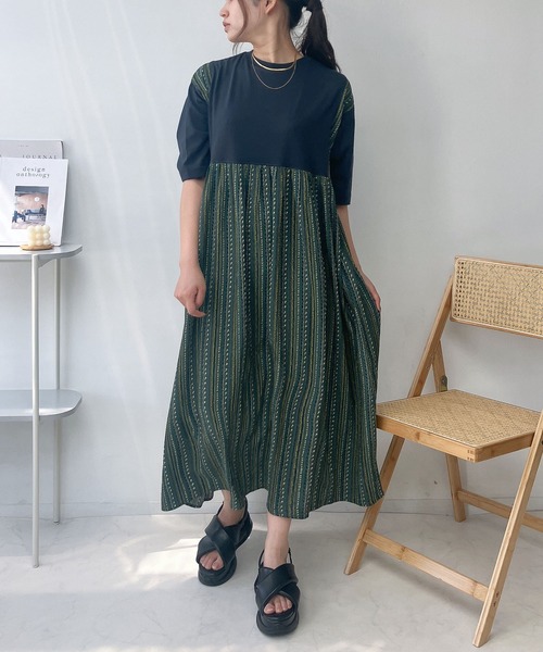 「AS KNOW AS plus」 7分袖ワンピース FREE グリーン レディース_画像8