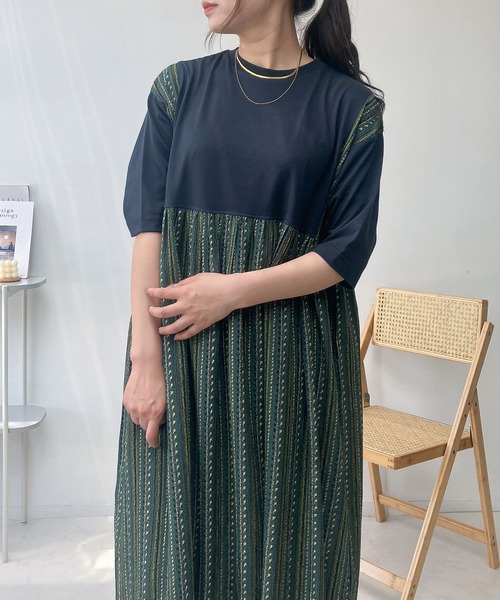 「AS KNOW AS plus」 7分袖ワンピース FREE グリーン レディース_画像9