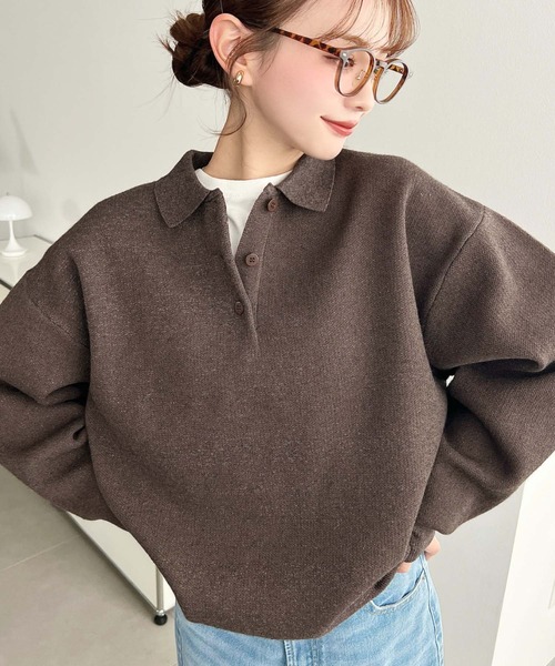 moment+ ニット セーター ウォッシャブルスウェットライクポロニット