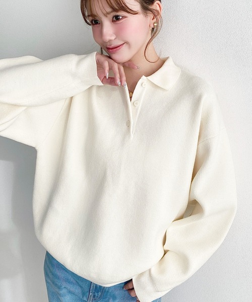 【美品】フォクシー ポロニットセーター ウール100％ 襟付きアイボリー moment+ ニット セーター ウォッシャブルスウェットライクポロニット