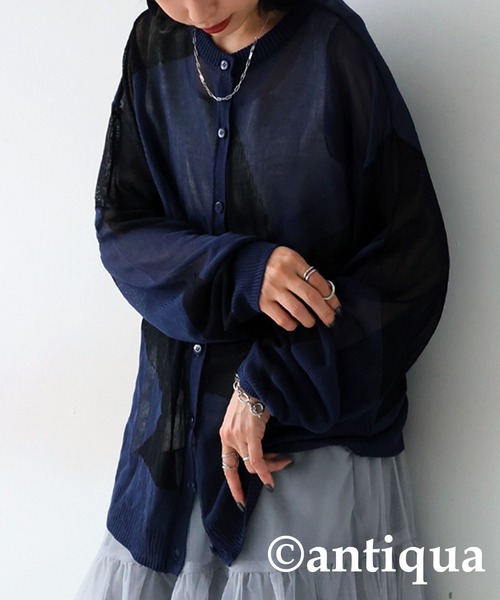 antiqua カーディガン 幾何学模様シアーニットカーディガン