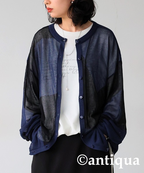 antiqua カーディガン 幾何学模様シアーニットカーディガン