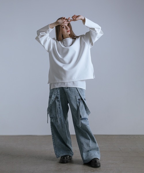 ♡ ぷろぐれす♡レイヤードワイドプルオーバー　　　　　ホワイト LILL tシャツ ルーズシルエットワイドスリーブフェイク