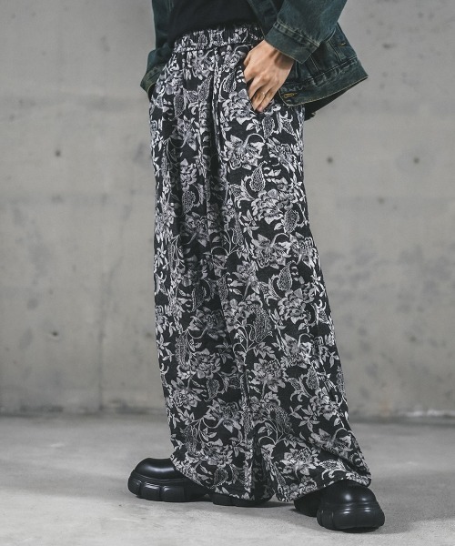 PG フラワーパターン裏地 ストレートパンツ ピンク Shoowtime パンツ Flower pattern 2 tuck wide pants / フラワー