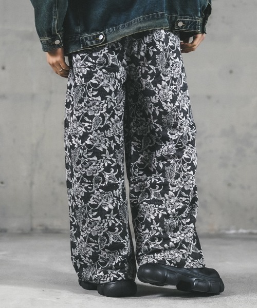 新品y‘s FLOWER PANTS ブラックパンツ Shoowtime（ショウタイム） パンツ Flower pattern 2 tuck wide pants