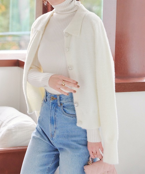 KOBE LETTUCE（神戸レタス） カーディガン 襟付きビジューボタン