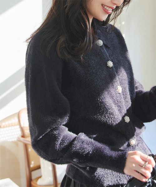 新品タグ付き Bibiy. ビビィ パール襟 ニットカーディガン ネイビー M KOBE LETTUCE（神戸レタス） カーディガン 襟付きビジューボタン