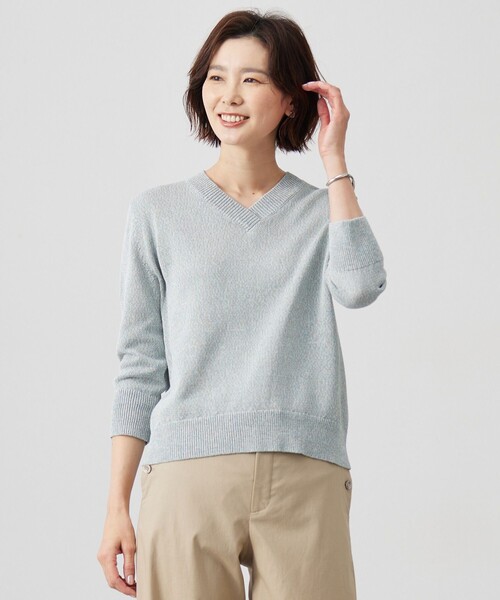 ニット セーター 「洗える」GIMA COTTON ミックスカラー Vネック ニット レディース
