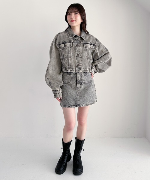 【最初値下げ】Heather デニムジャケット セットアップ ミニスカート セール】レディース パワショルデニムジャケット+ミニタイト