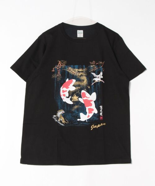 JIN+（ジンプラス） tシャツ 鯉の滝登り ブラック半袖Tシャツ メンズ