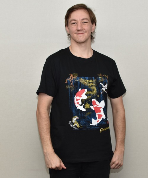 JIN+（ジンプラス） tシャツ 鯉の滝登り ブラック半袖Tシャツ メンズ