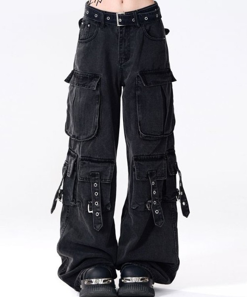 lilful カーゴパンツ Y2K ストリート ウォッシュドワイドデニム サイド