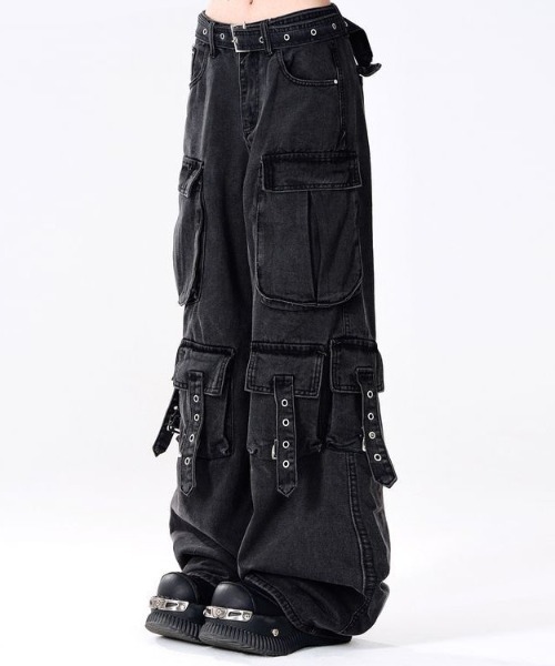 lilful カーゴパンツ Y2K ストリート ウォッシュドワイドデニム サイド