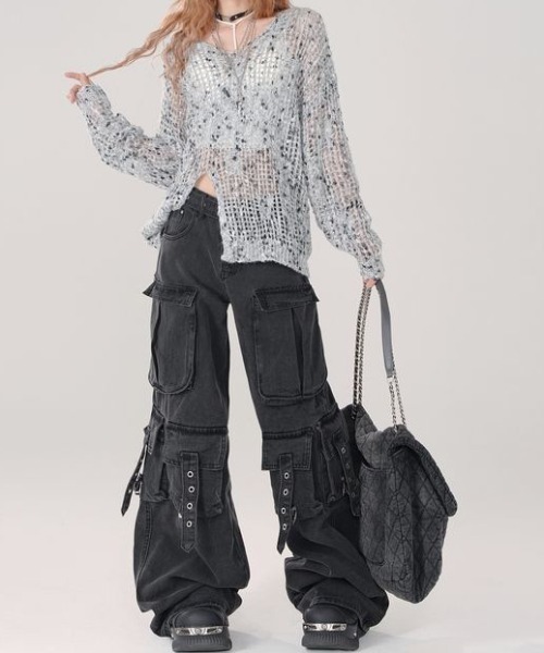 lilful カーゴパンツ ベルト付き Y2K ストリート ウォッシュドワイド