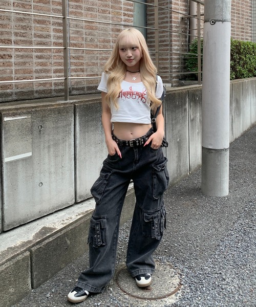 lilful カーゴパンツ Y2K ストリート ウォッシュドワイドデニム サイド