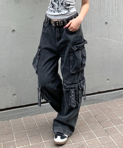lilful カーゴパンツ Y2K ストリート ウォッシュドワイドデニム サイド