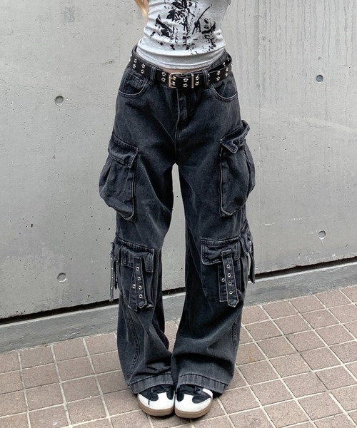 lilful カーゴパンツ Y2K ストリート ウォッシュドワイドデニム サイド