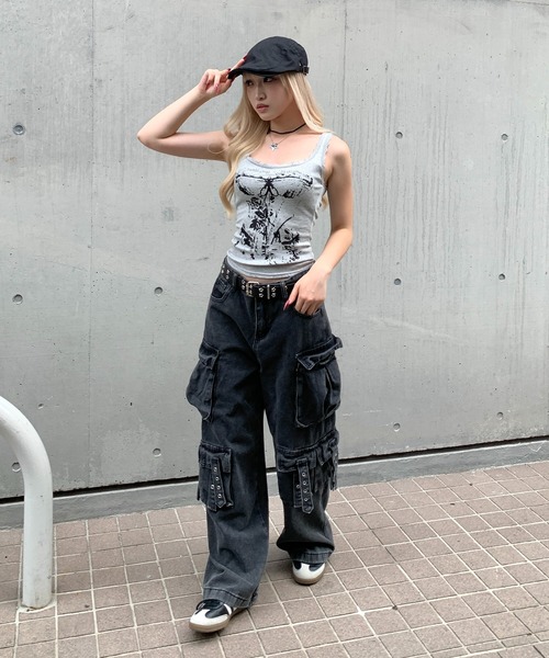 lilful カーゴパンツ Y2K ストリート ウォッシュドワイドデニム サイド