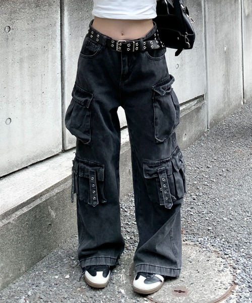 lilful カーゴパンツ Y2K ストリート ウォッシュドワイドデニム サイド