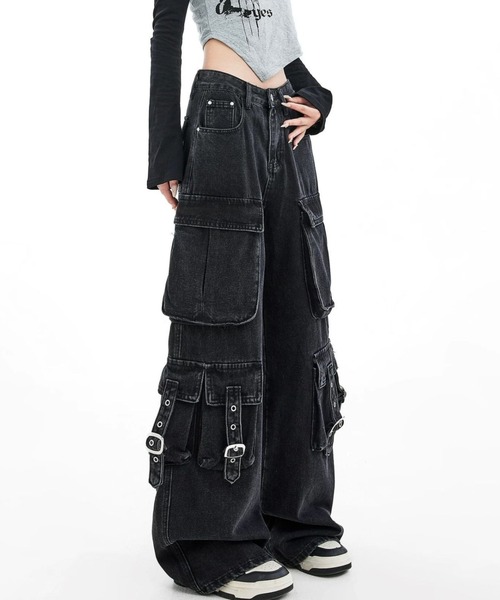 lilful カーゴパンツ Y2K ストリート ウォッシュドワイドデニム サイド