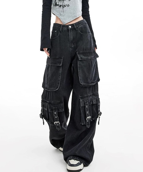 lilful カーゴパンツ Y2K ストリート ウォッシュドワイドデニム サイド