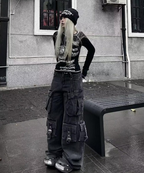 lilful カーゴパンツ Y2K ストリート ウォッシュドワイドデニム サイド