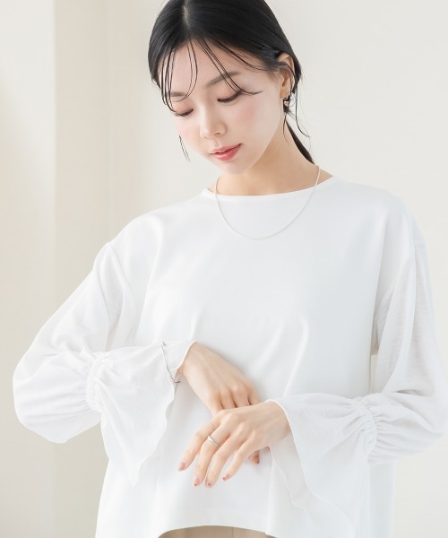 tシャツ 小さいサイズ　透け袖ポンチプルオーバー　低身長さん・小柄女性 レディース