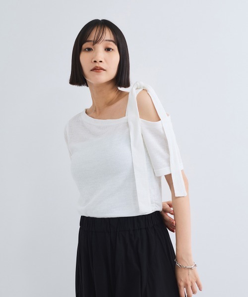 tシャツ ワンショルリボンカットトップス「手洗い可能」 レディース