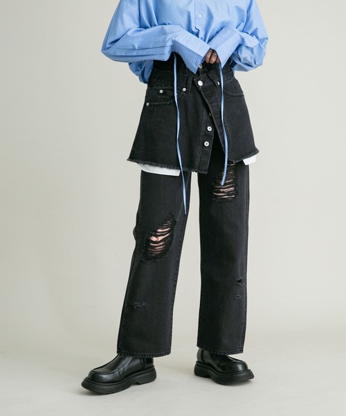 「KBF」 ダメージ加工デニムパンツ 34 ブラック レディース