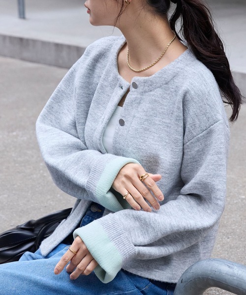 MONO-MART カーディガン ダブルフェイス 配色 ショート丈ニット