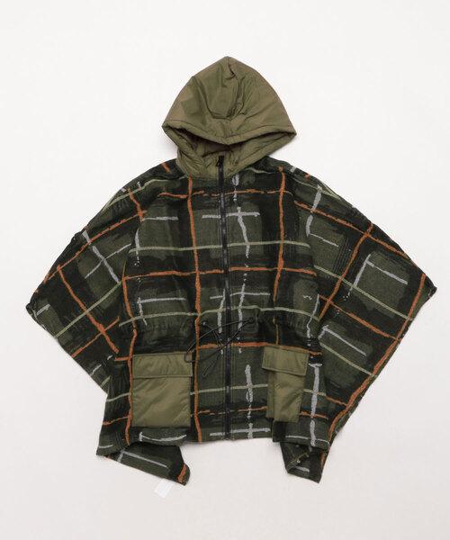 Desigual ✨️完売品✨️フロント刺繍入りレディースフードポンチョ Desigual（デシグアル） ポンチョ フード付きチェック柄ポンチョ