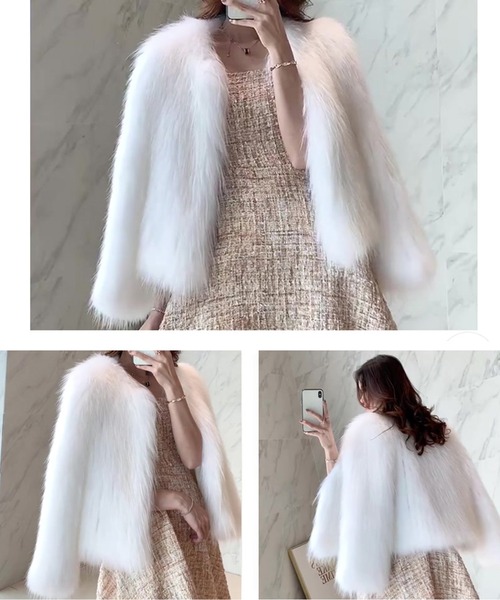 ホワイト ノーカラージャケット ファー風 ジャケット ノーカラージャケット もこもこ ノーカラーフェイクファー