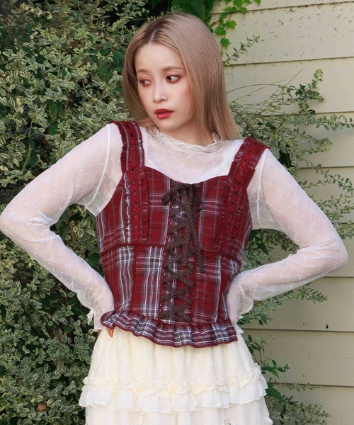 axes femme ベスト ジレ タータンチェック編上ビスチェ レディース