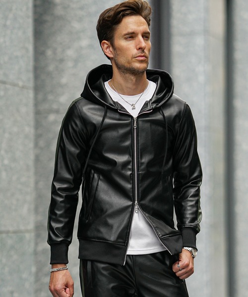 美品✨レザー ジャケット ジップアップパーカー SOMEDIFF（サムディフ） パーカー 「SOMEDIFF」PUレザーフルジップ