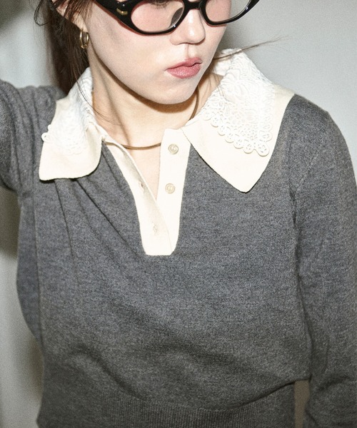 Ezick ニット セーター 2WAY lace collar バイカラーポロニット