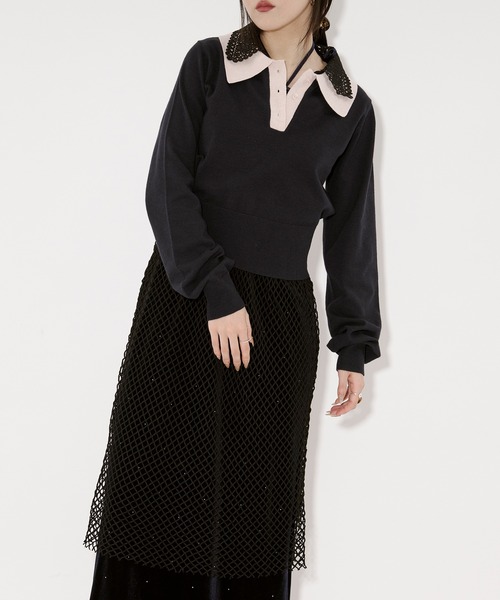 Ezick ニット セーター 2WAY lace collar バイカラーポロニット