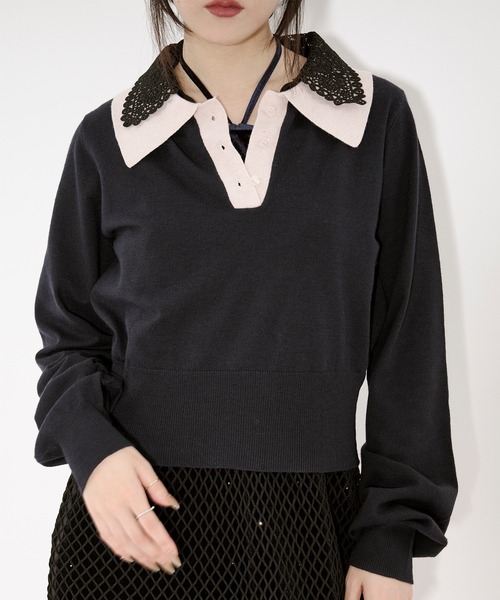 Ezick ニット セーター 2WAY lace collar バイカラーポロニット